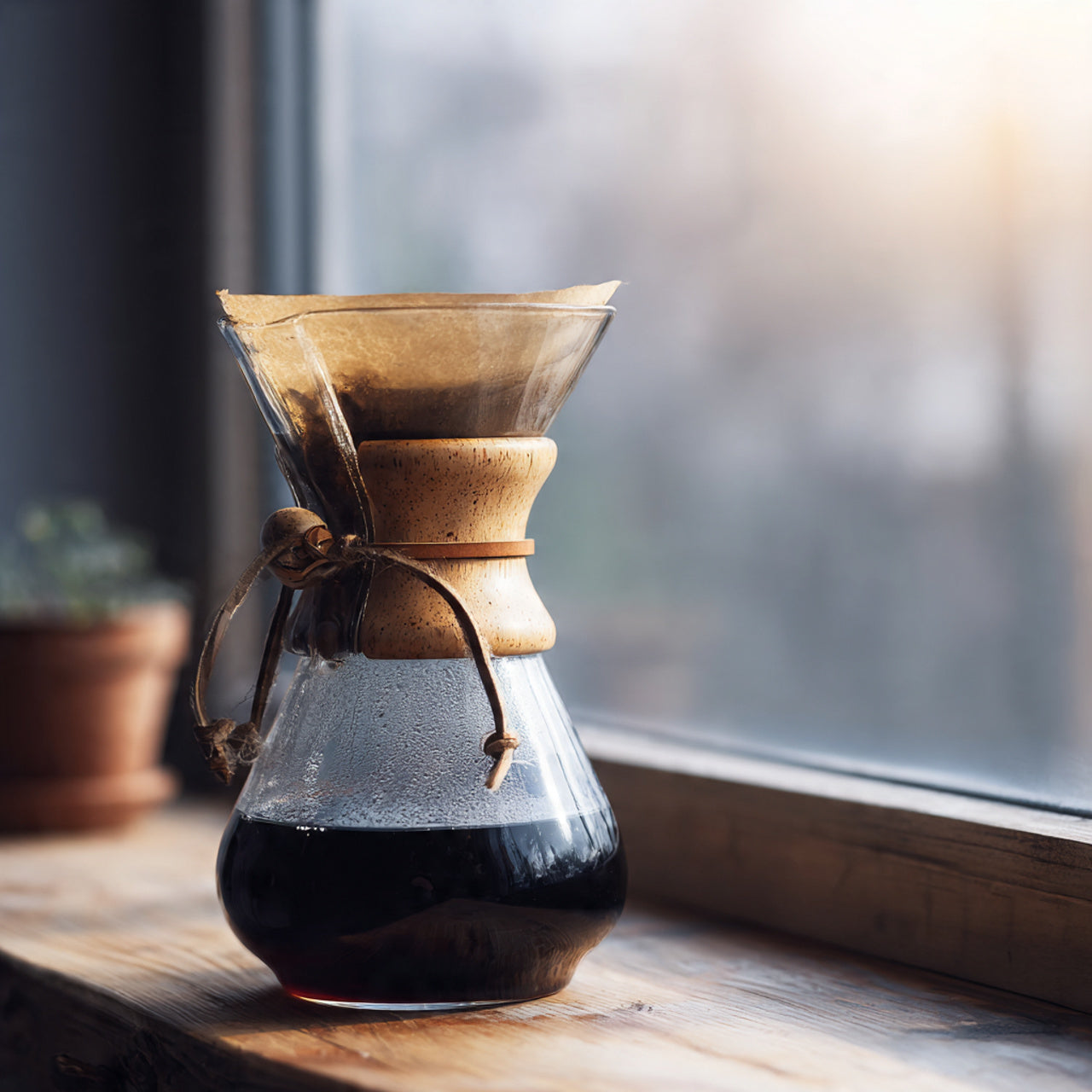 Chemex coffee maker with breakfast blend coffee on a wooden surface near a window