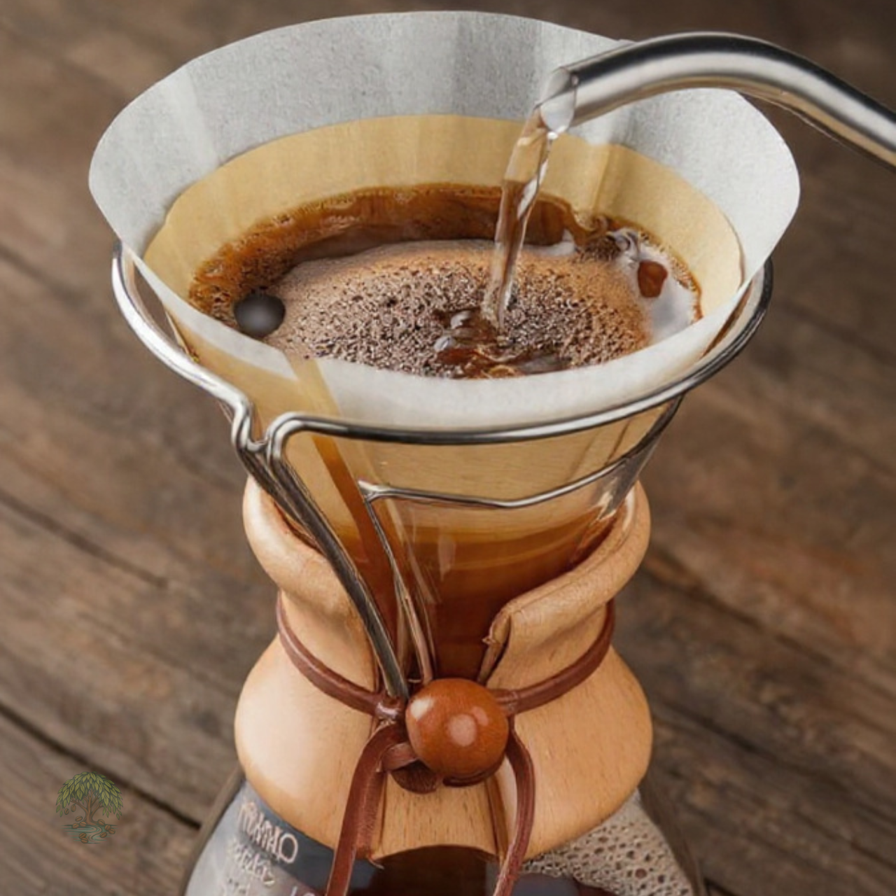 Coffee being poured into a wooden Chemex coffee maker on a wooden surface.