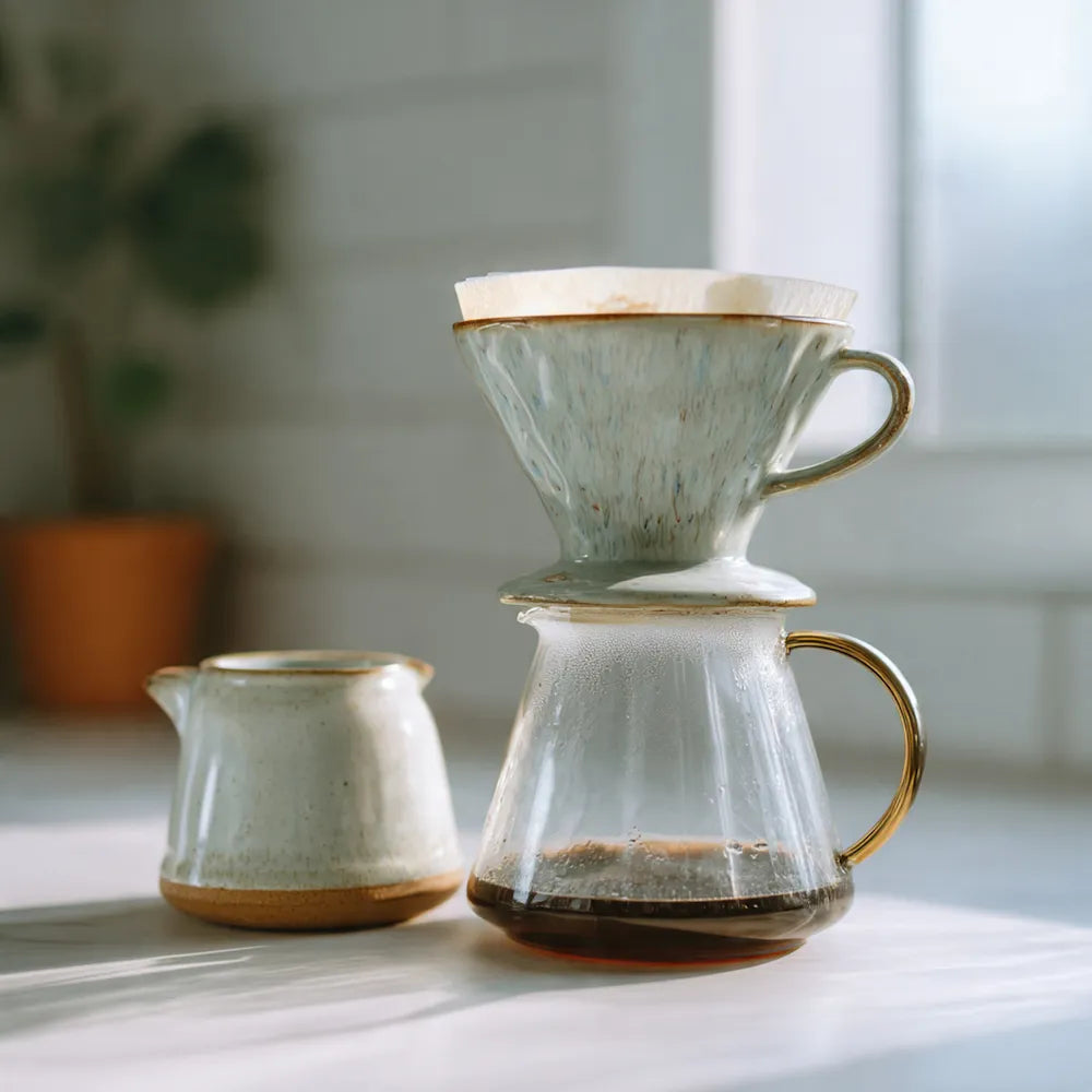 Ceramic coffee brewing set on a light surface with a blurred background brewing Preu Decaf
