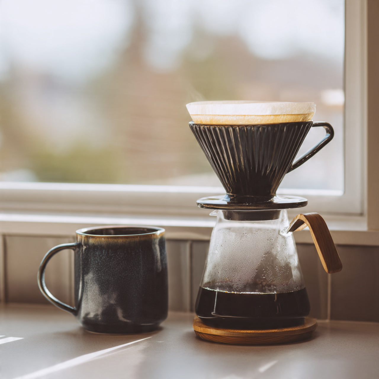 african kahawa coffee brewing setup with a pour-over coffee maker and a mug on a windowsill.