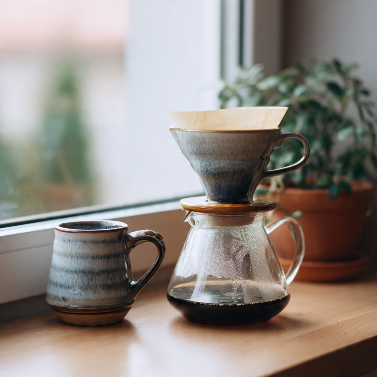 costa rica coffee brewing setup with a glass carafe, wooden dripper, and ceramic mug
