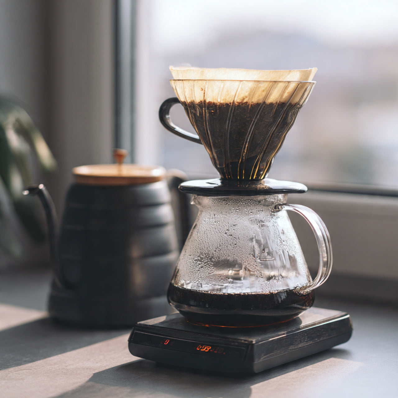 guatemala coffee brewing process with a glass carafe and paper filter on a wooden surface.
