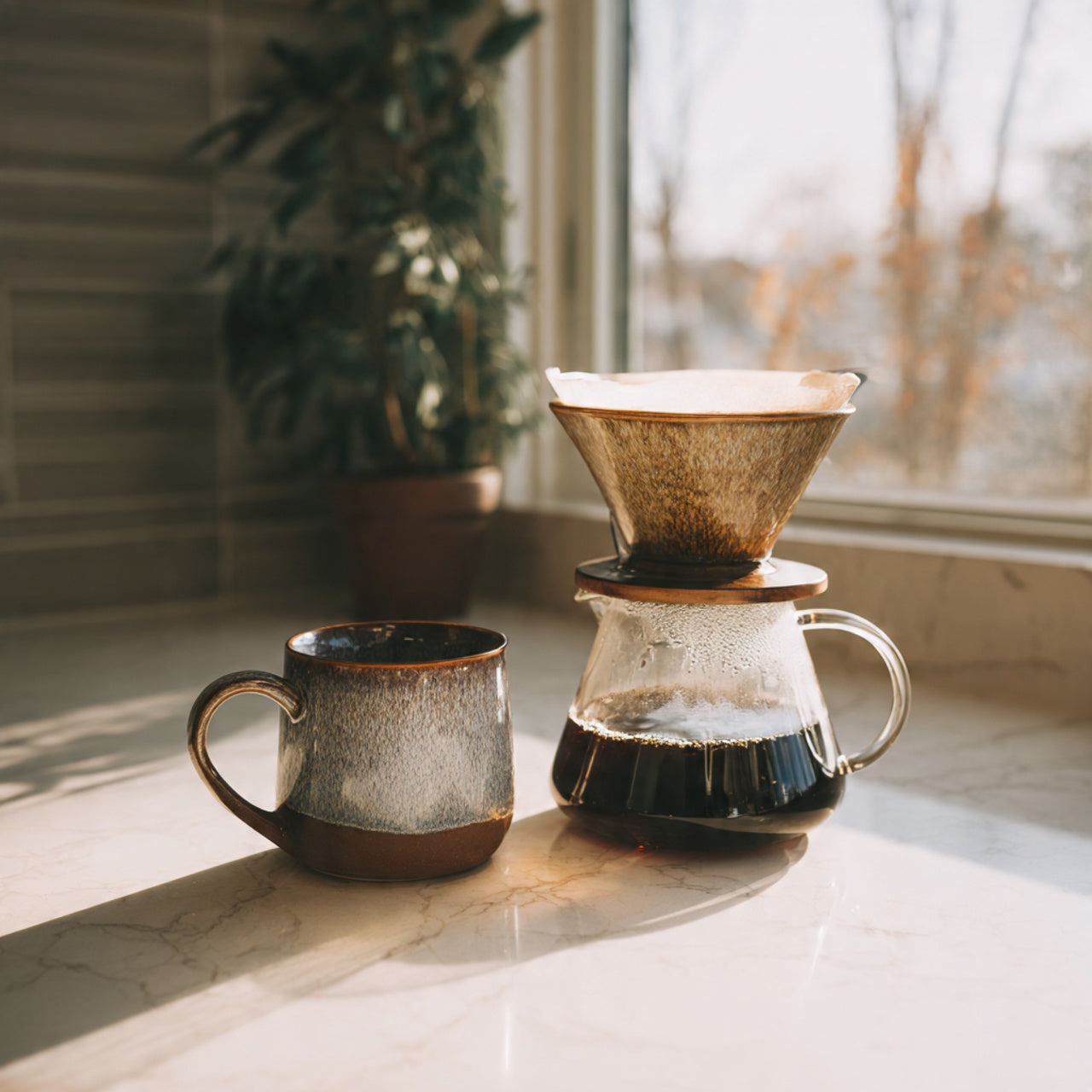 Coffee mug and pour-over hazelnut coffee on a windowsill with natural light.
