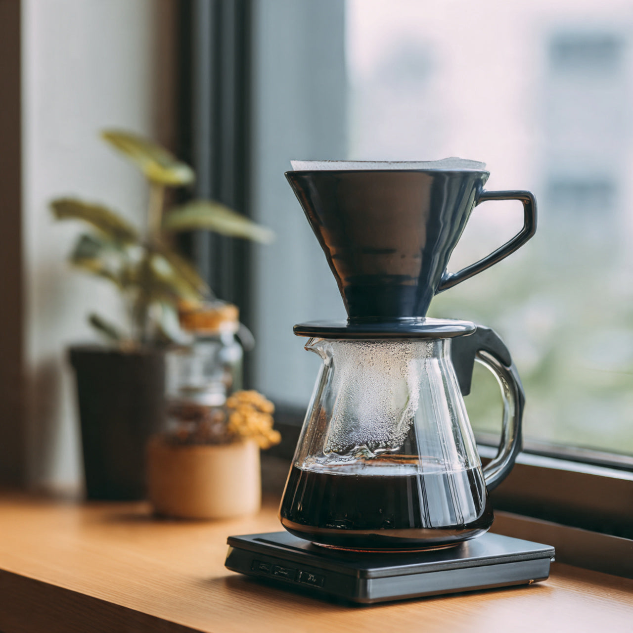 honduras coffee brewing process with a glass carafe and coffee filter on a wooden surface.