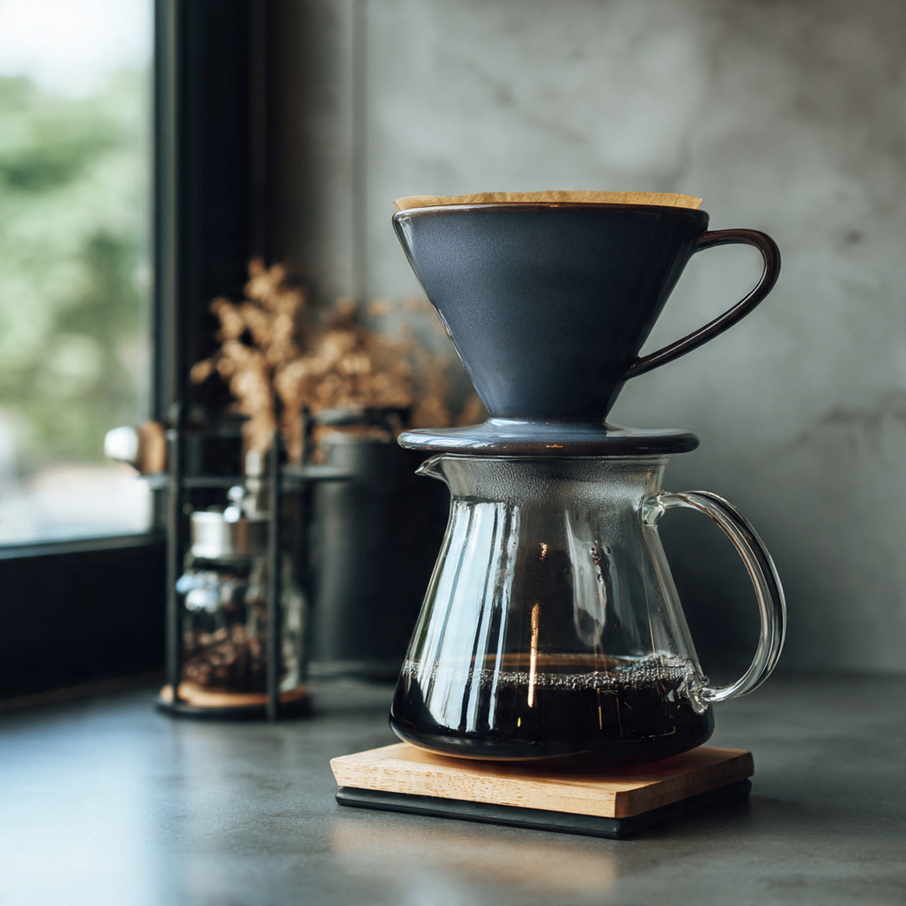 house blend coffee brewing setup with a glass carafe and black coffee filter on a wooden coaster.