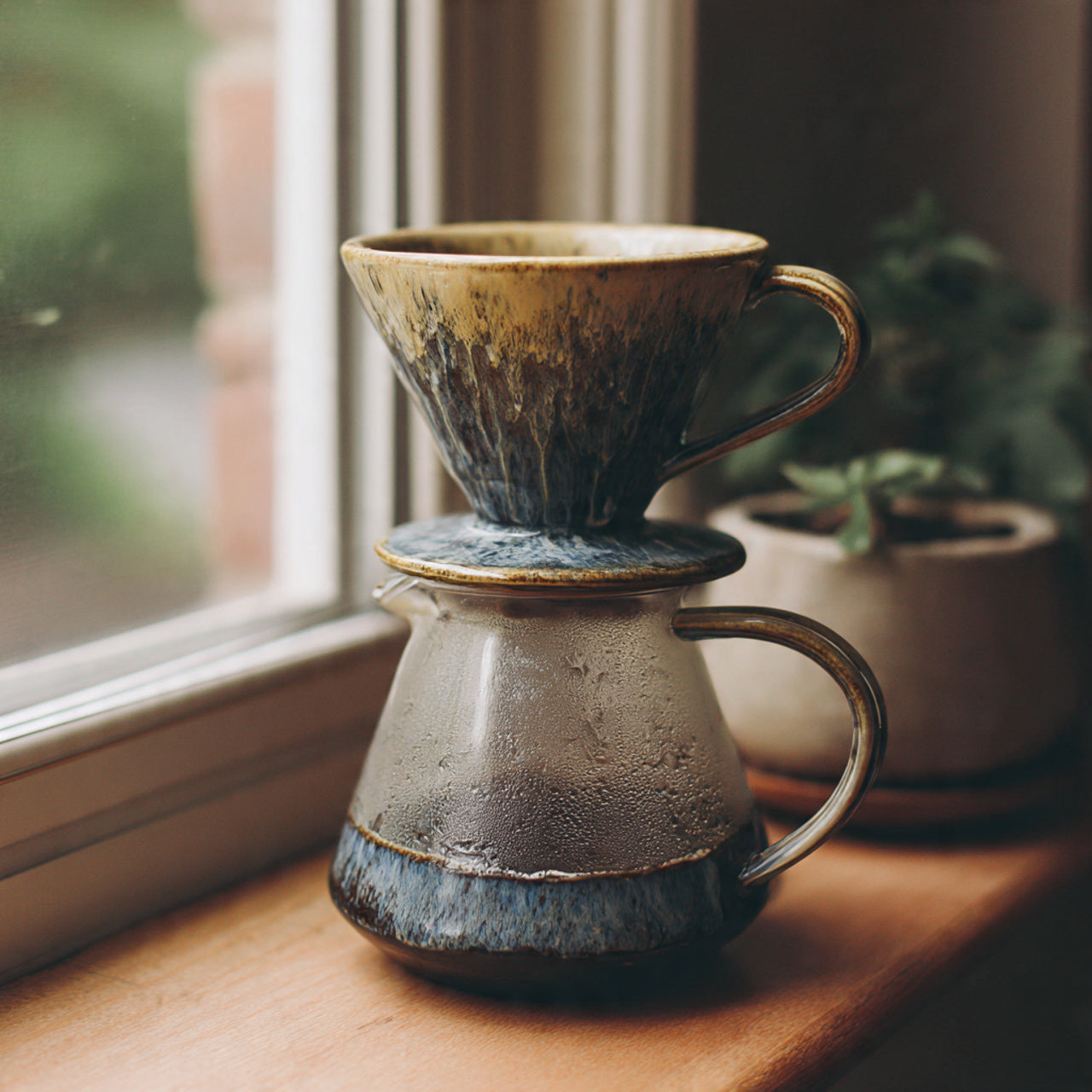 Ceramic coffee maker with a kenya coffee cup on a wooden surface near a window.