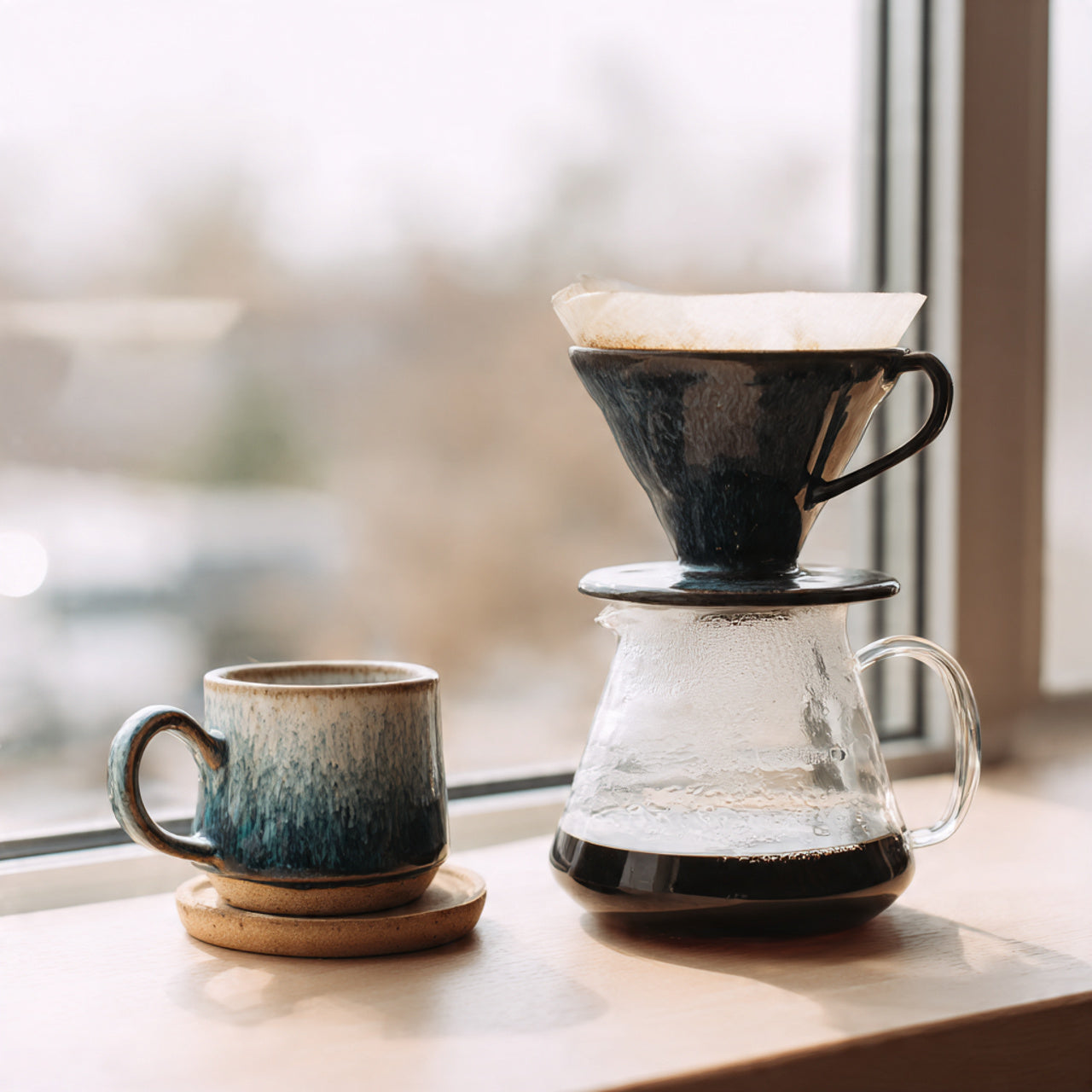 mocha coffee brewing setup with a pour-over coffee maker and ceramic mug on a windowsill.
