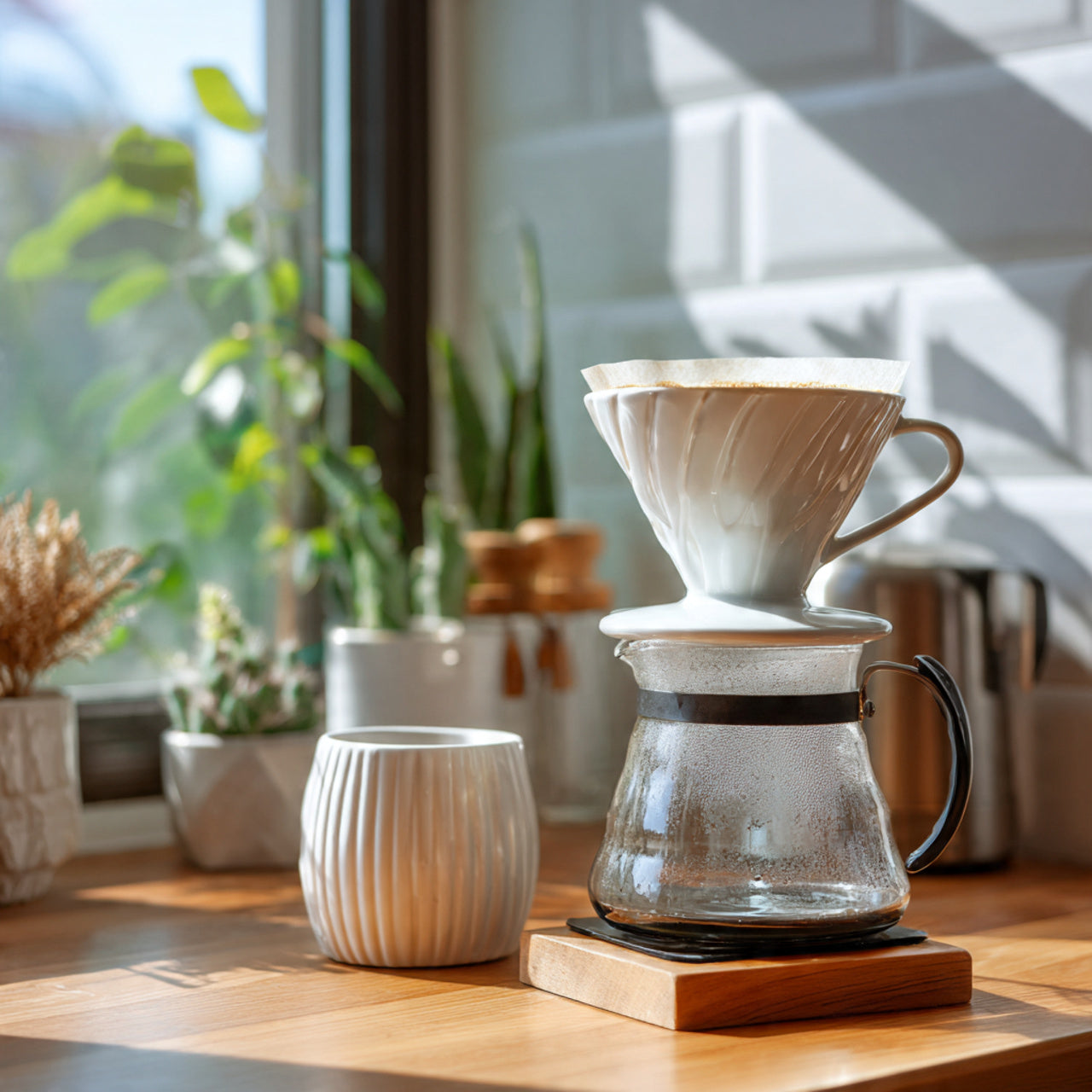 papua new guinea coffee brewing setup with a glass carafe and white ceramic mug on a wooden table, surrounded by plants.