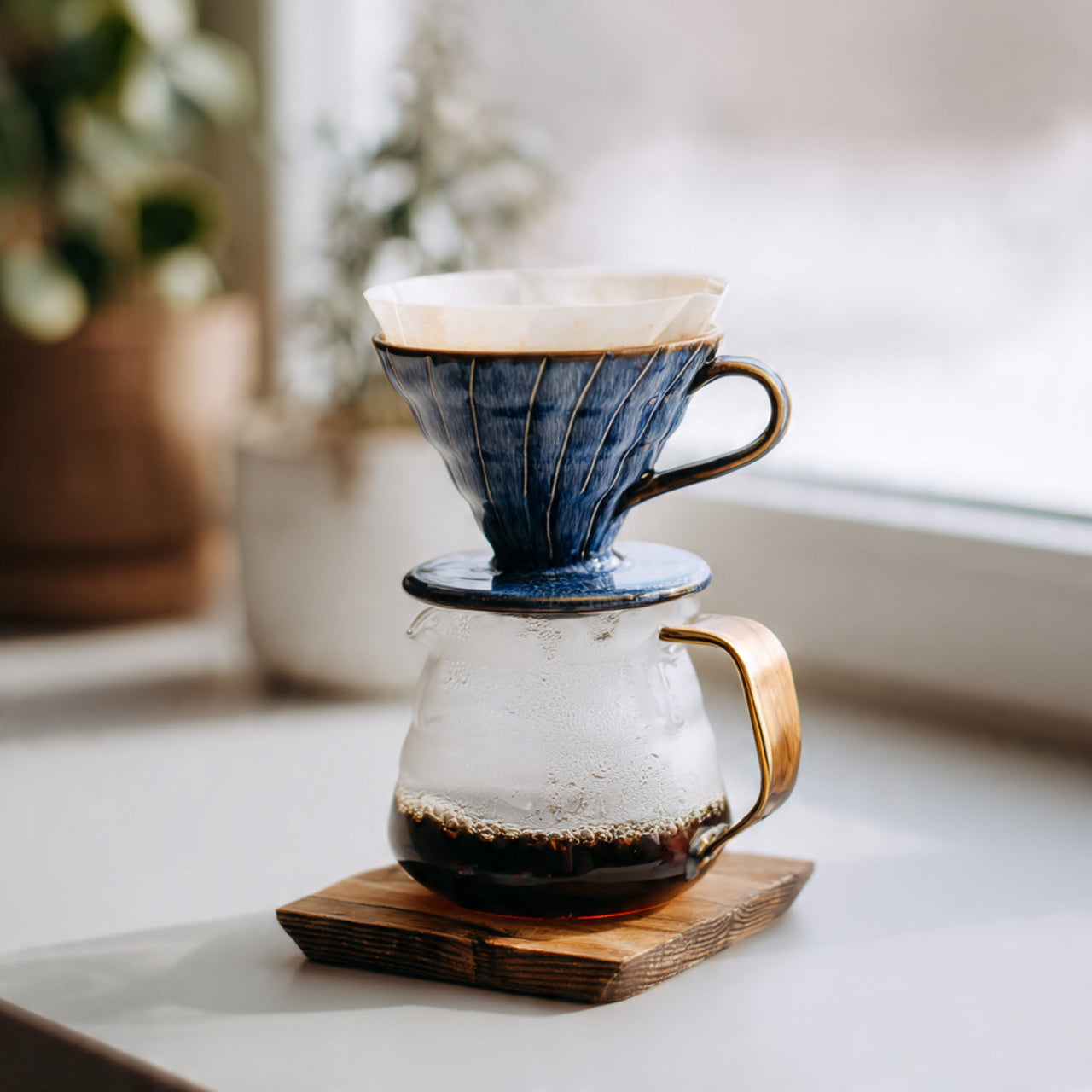 Coffee brewing setup with a blue ceramic filter brewing pecan pie and glass carafe on a wooden coaster.