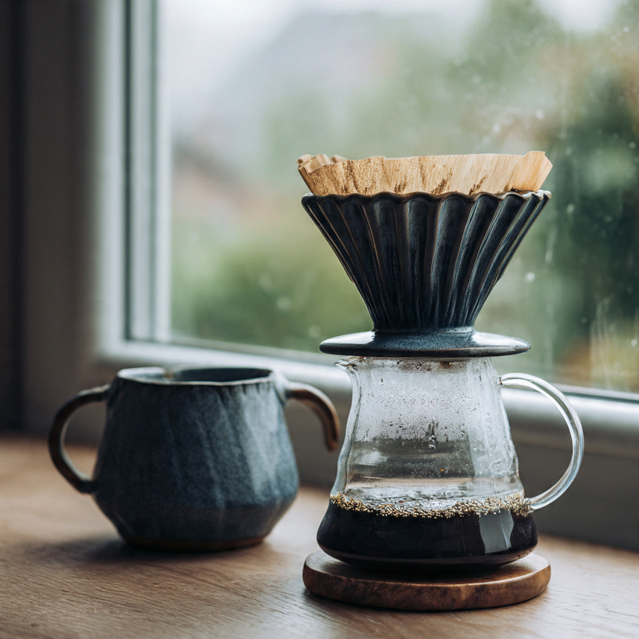 smores coffee brewing setup with a glass carafe and wooden filter on a wooden table.