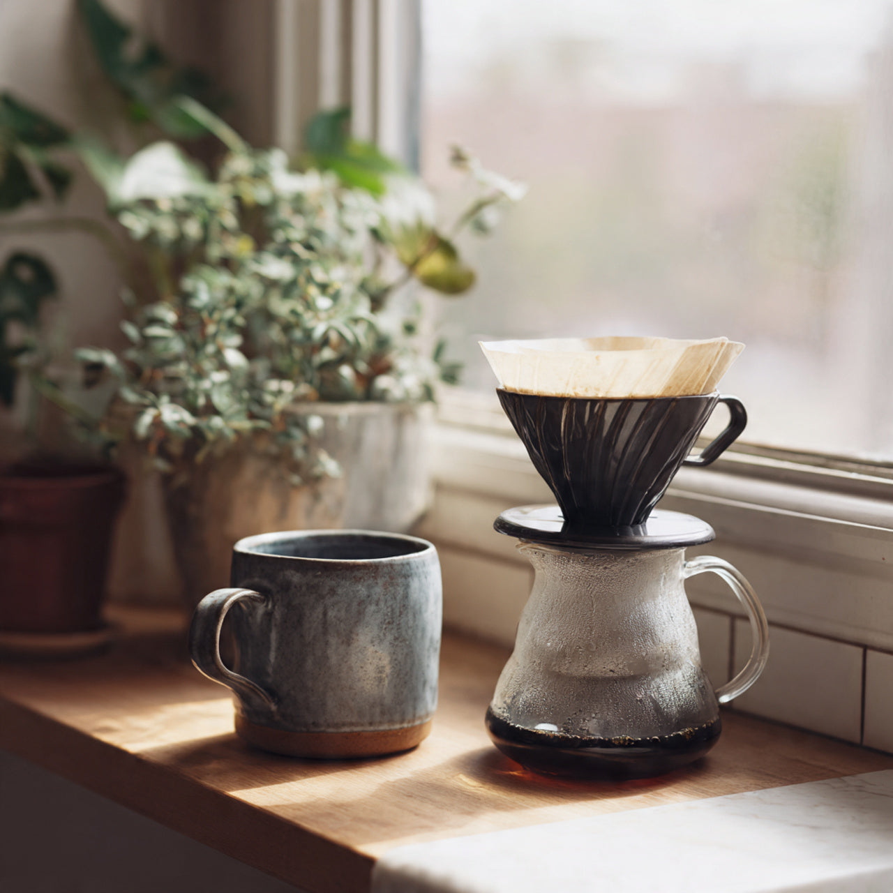 Ceramic coffee mug and pour-over coffee maker on a wooden surface with plants in the background.