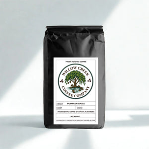 Pumpkin Spice Coffee bag from Willow Creek Coffee Company on a light gray background