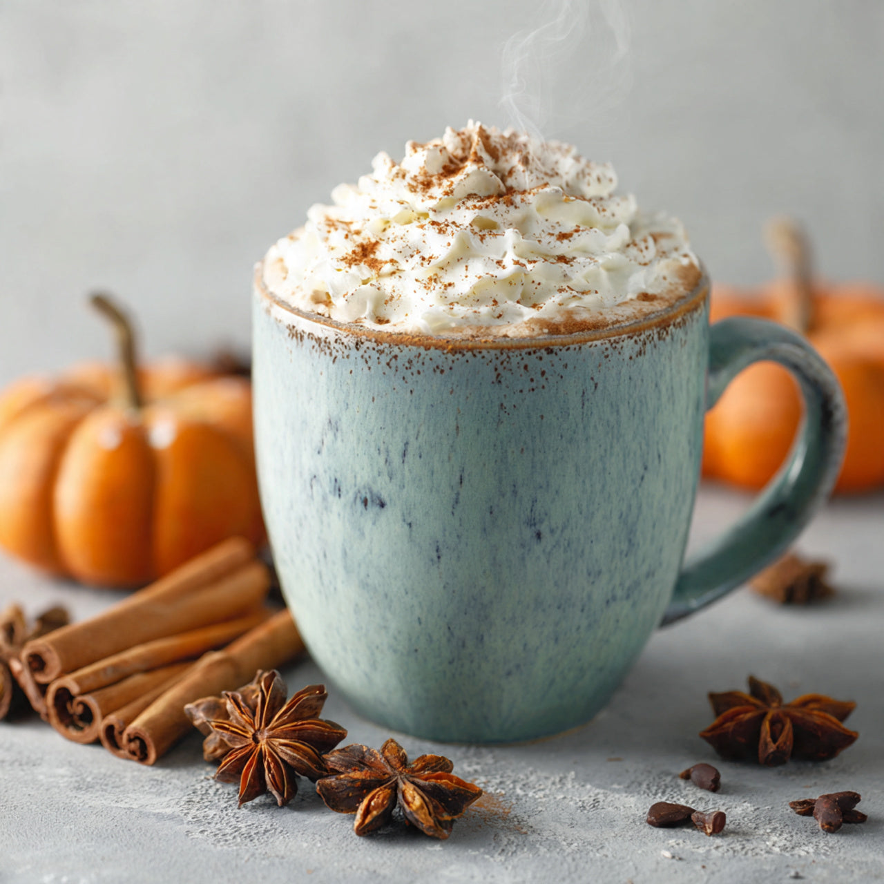 Blue mug with pumpkin spice latte, whipped cream, and pumpkins on a light background