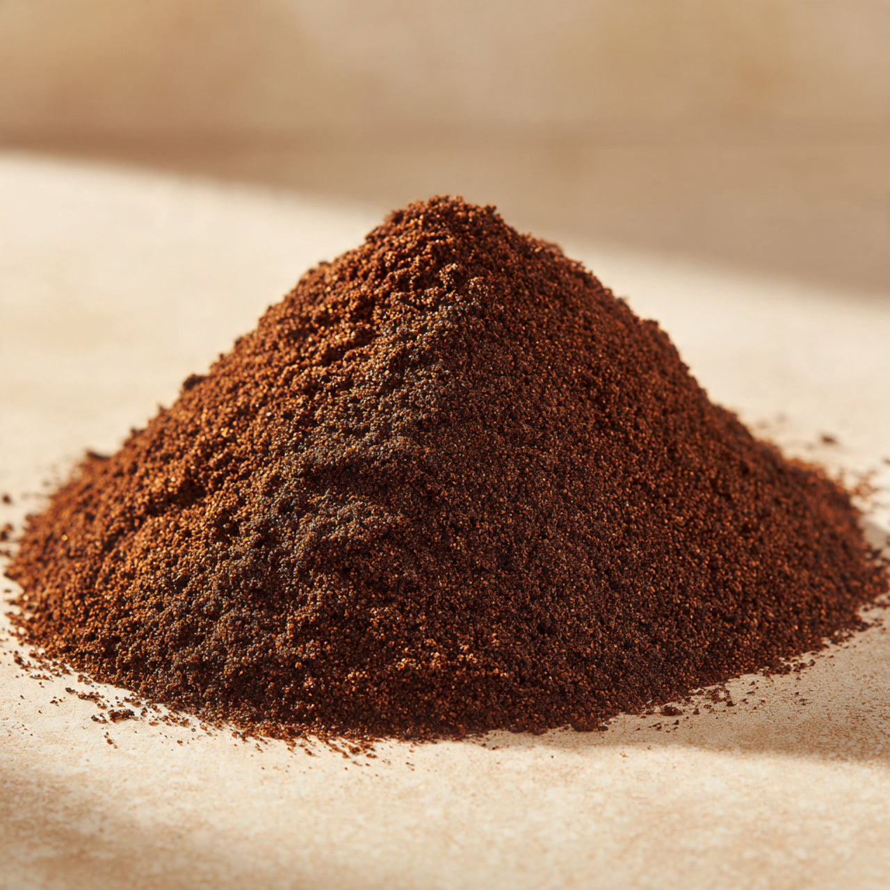 Close-up of a pile of pumpkin spice ground coffee on a textured surface