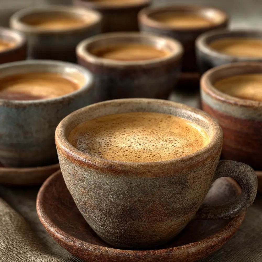 A rustic ceramic espresso cup filled with coffee on a matching saucer, with several similar cups blurred in the background.