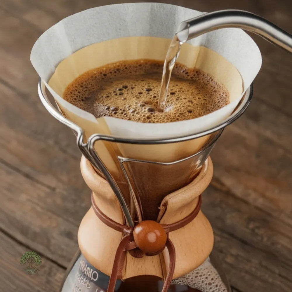 Pour-over coffee brewing in progress, with hot water being poured from a metal gooseneck kettle into a paper filter cone set inside a wooden Chemex-style coffee maker on a rustic wooden surface.