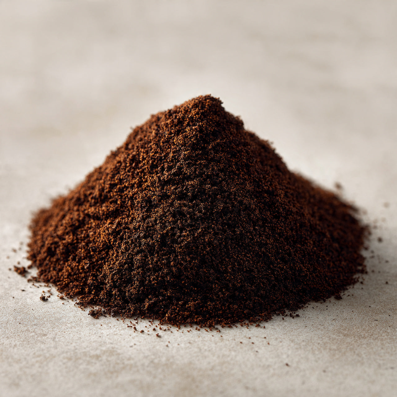 Close-up of a pile of ground coffee on a light background