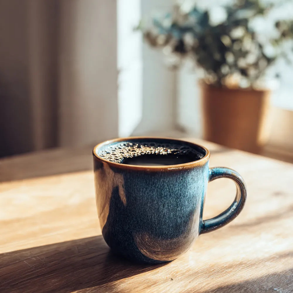 Blue ceramic mug with sumatra coffee on a wooden surface near a window with plants in the background