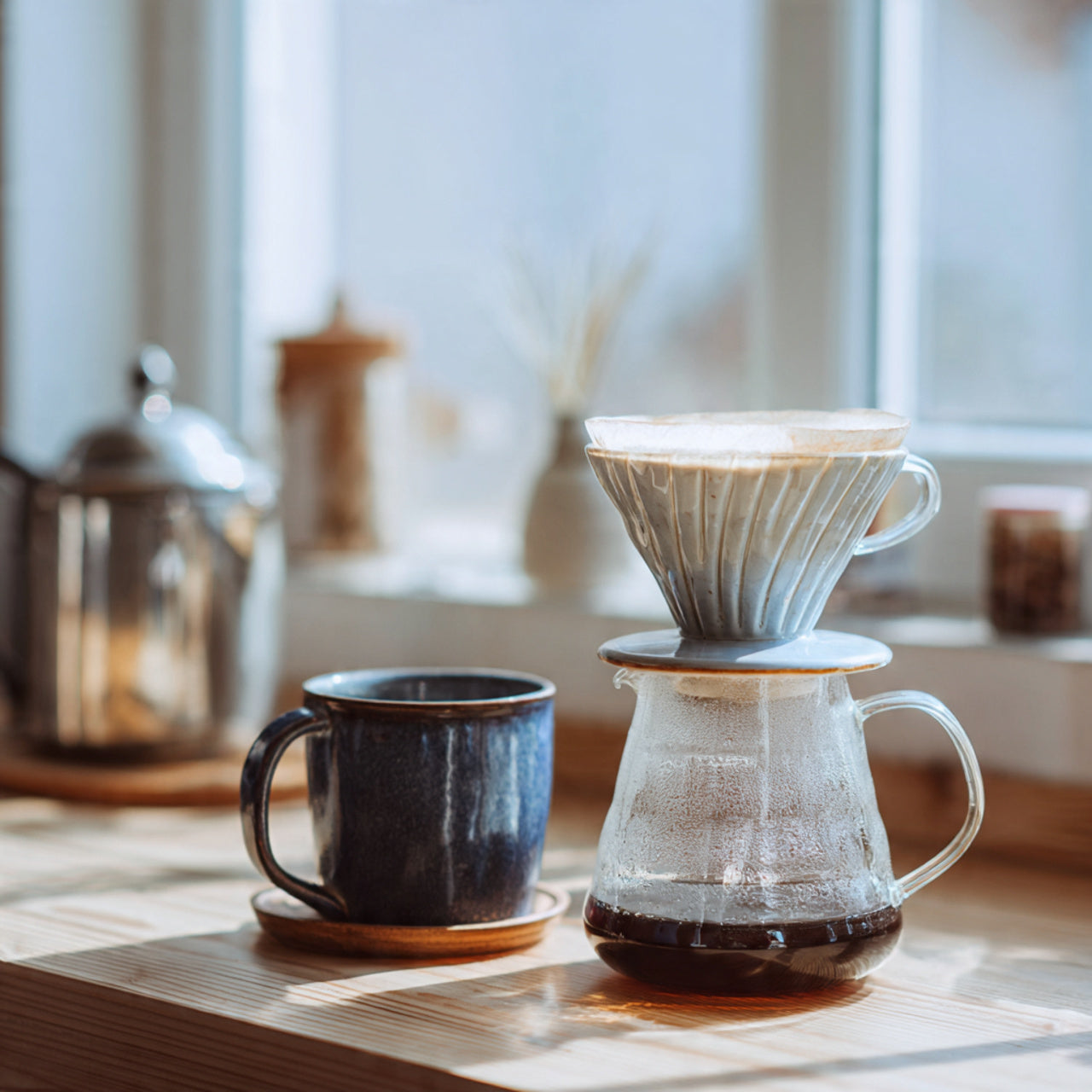 sumatra coffee brewing  with a pour-over coffee maker and a cup on a wooden counter