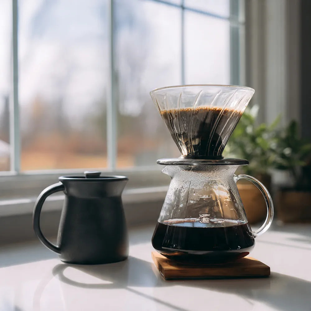Coffee maker with coffee and a black mug on a windowsill with uganda coffee