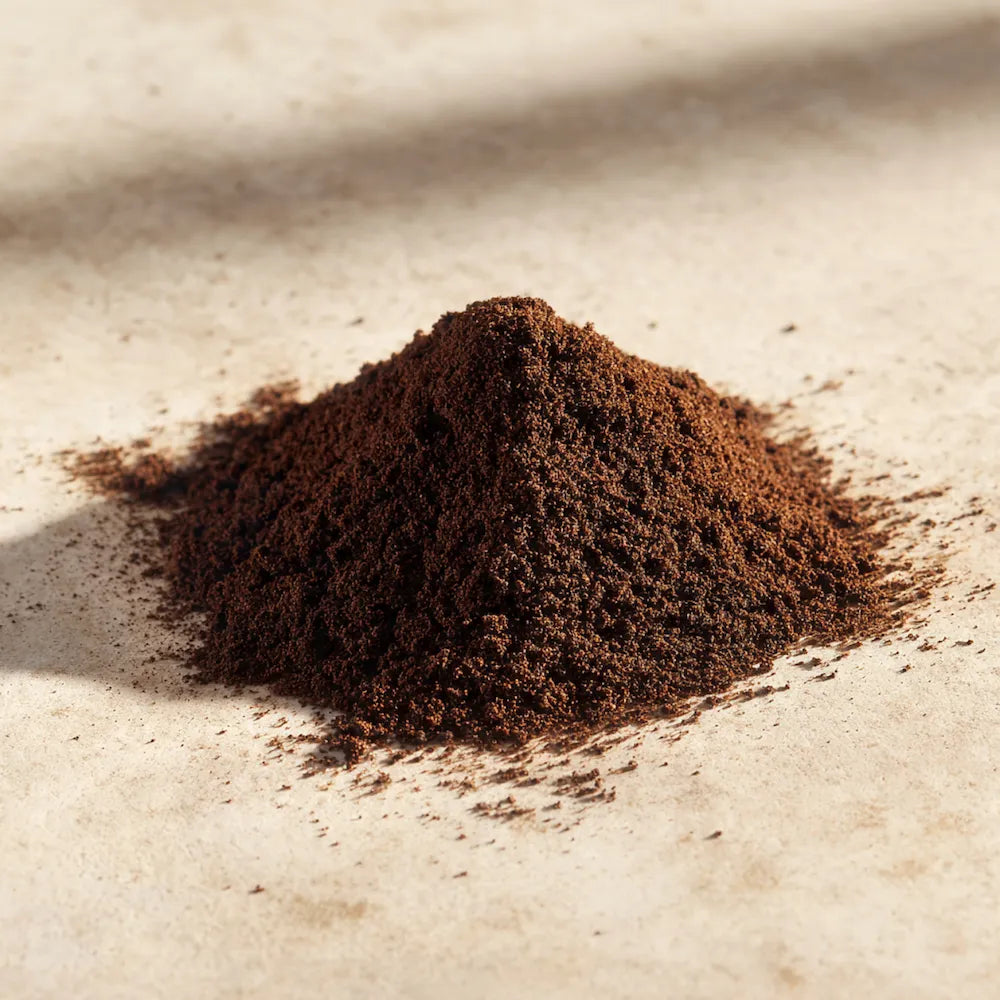 Close-up of a pile of ground uganda coffee on a textured surface