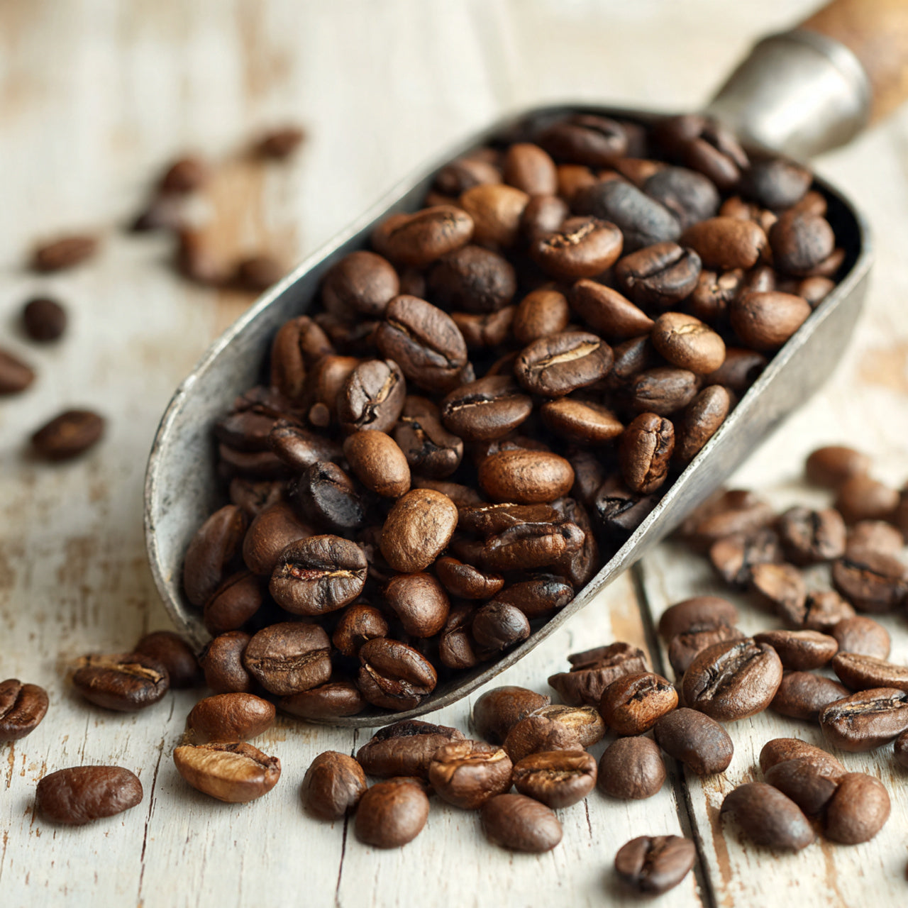 Scoop filled with uganda coffee beans on a wooden surface