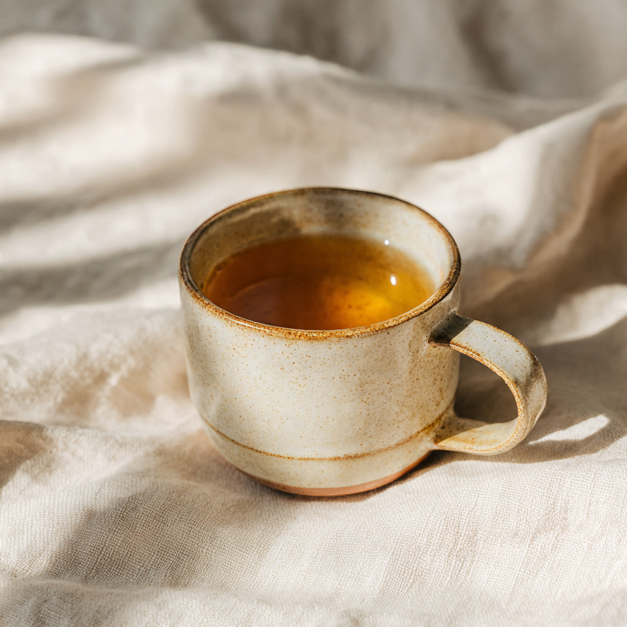 Ceramic cup with apple cider tea on a textured fabric surface