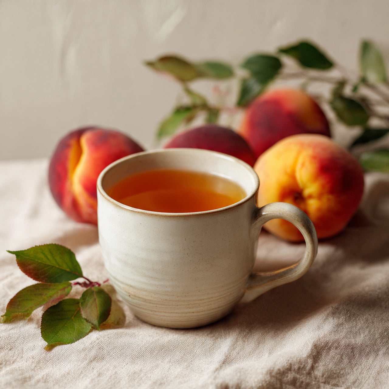 Hot peach tea in cup.