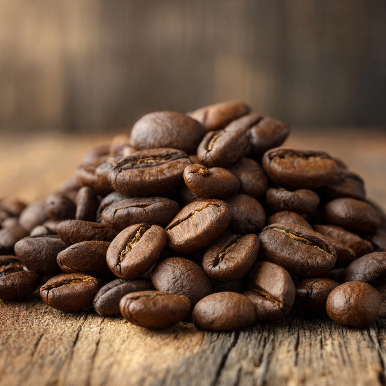 whiskey barrel roasted coffee beans on a wooden surface 