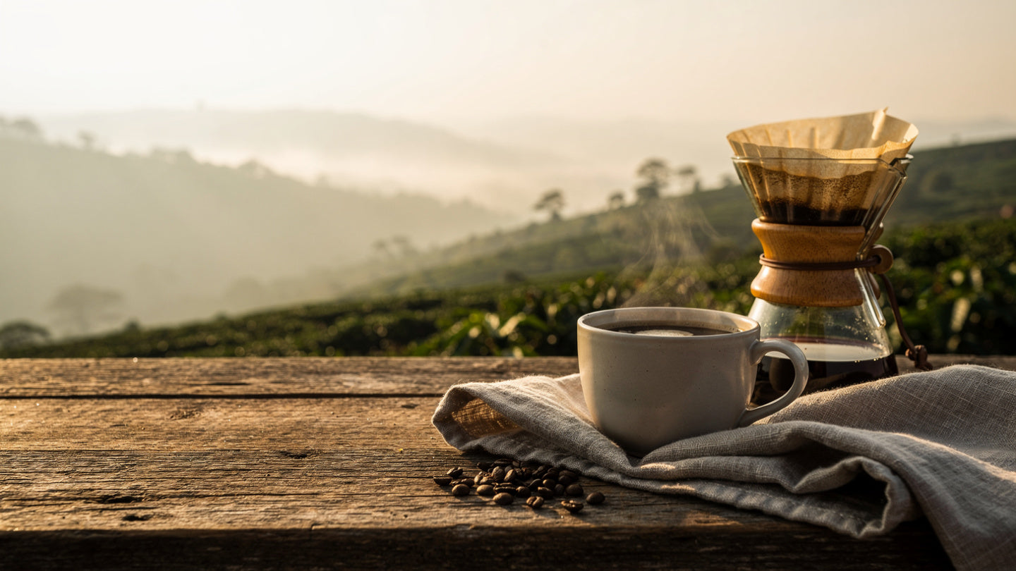 Pour-over coffee and ceramic cup on a rustic table with coffee farm hills in the background at golden hour.