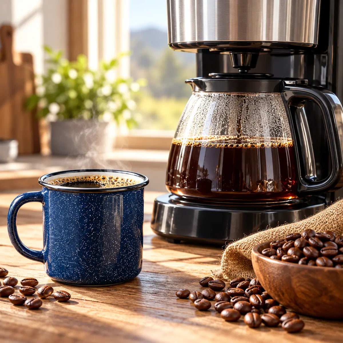 Cowboy Blend coffee brewing in a drip coffee maker beside a navy enamel mug on a wooden countertop in warm morning light.