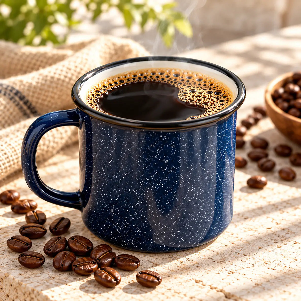 Freshly brewed Cowboy Blend coffee in a steaming navy enamel mug with roasted coffee beans on a rustic wooden surface.