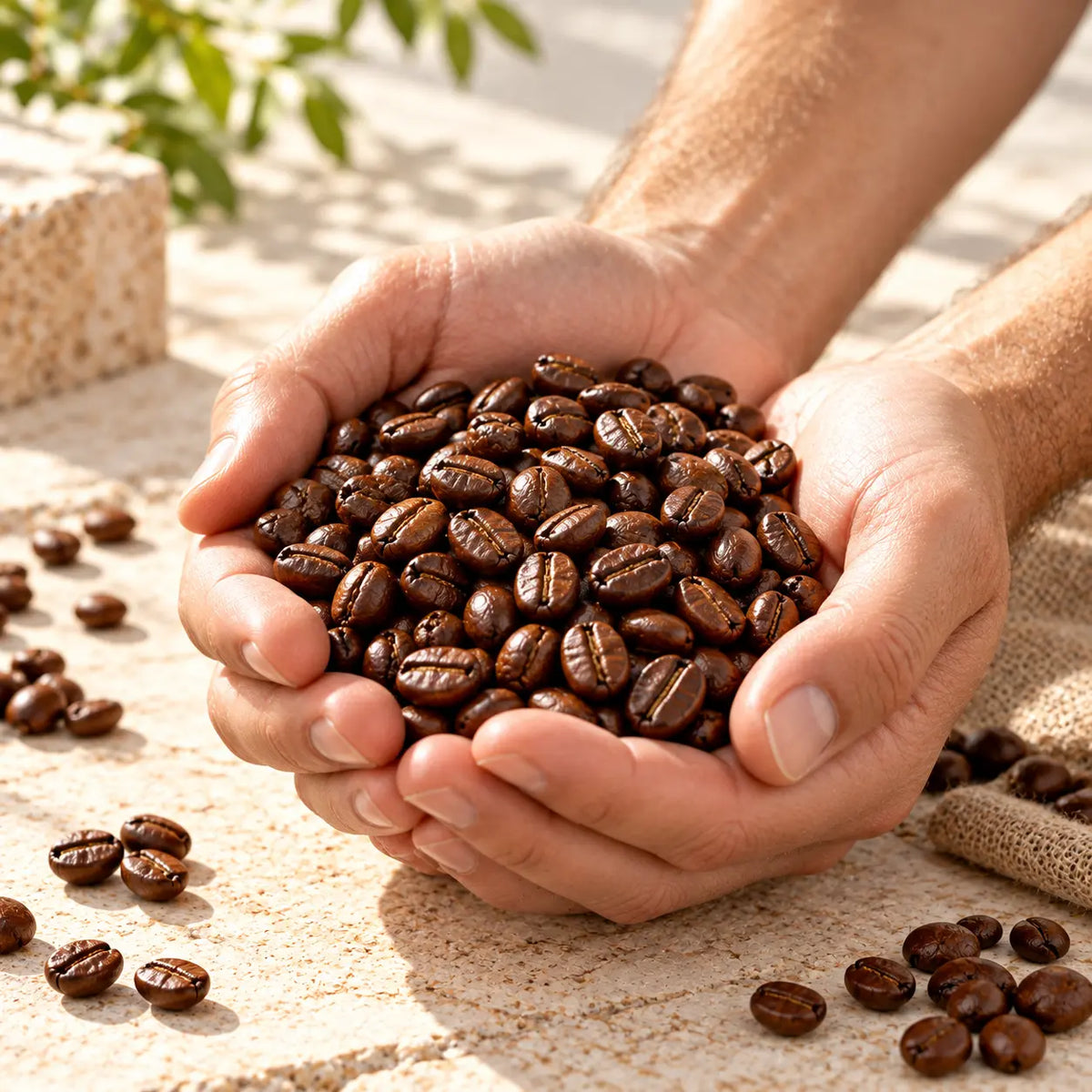 Two hands holding a full scoop of roasted Cowboy Blend coffee beans over a rustic wood surface in warm natural light.