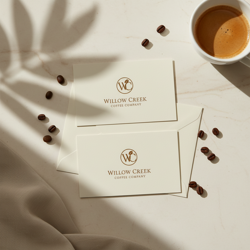 Willow Creek Coffee Company gift cards with coffee beans and a cup of coffee on a light surface.